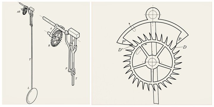 William Clement (1620-1713): pendulum and anchor escapement for a clock. One of the earliest examples of the escape wheel and pallet fork construction found in the detached escapements that equip virtually every mechanical watch today. Pages 36-38.