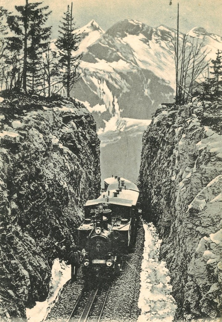 Example of a new railroad dug through the Swiss landscape. Tissot Archive.