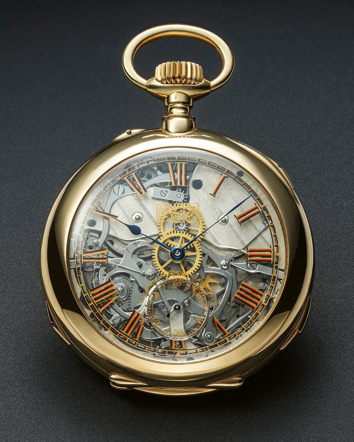 A. Lange & Söhne Glashütte I/Sachsen, no. 62510, ca. 1911. An extremely rare minute repeating grande and petite sonnerie clock watch. 18k open-face Lucia case with glazed case-back. Glazed and hand-painted dial with Roman numerals and the inscription Ahmed Kheir Bashi.