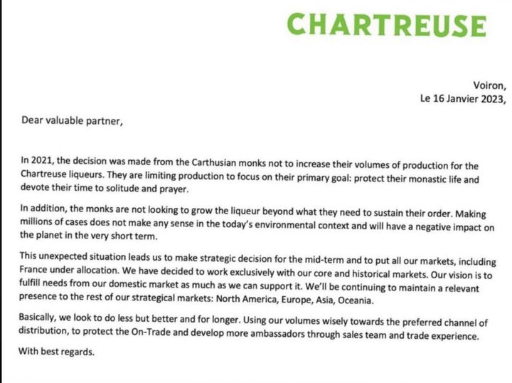 Press release from Chartreuse Verte SA explaining the decision to stop expanding its production.