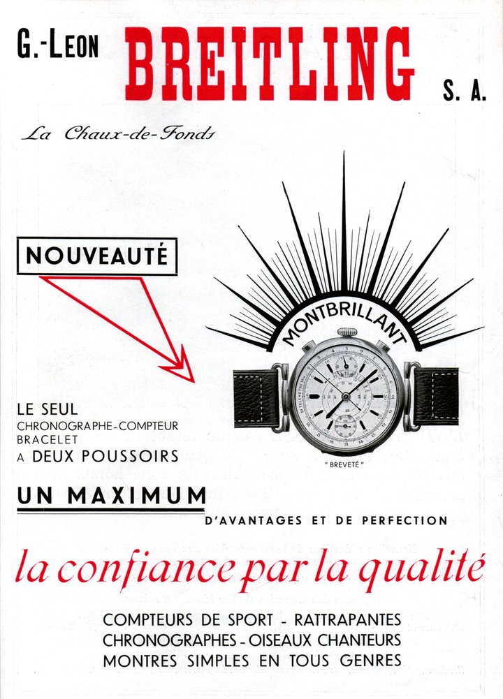 1933: Breitling introduces “the only wrist chronograph with two pushers” with a presentation enhanced by varied typography and attractive graphics.