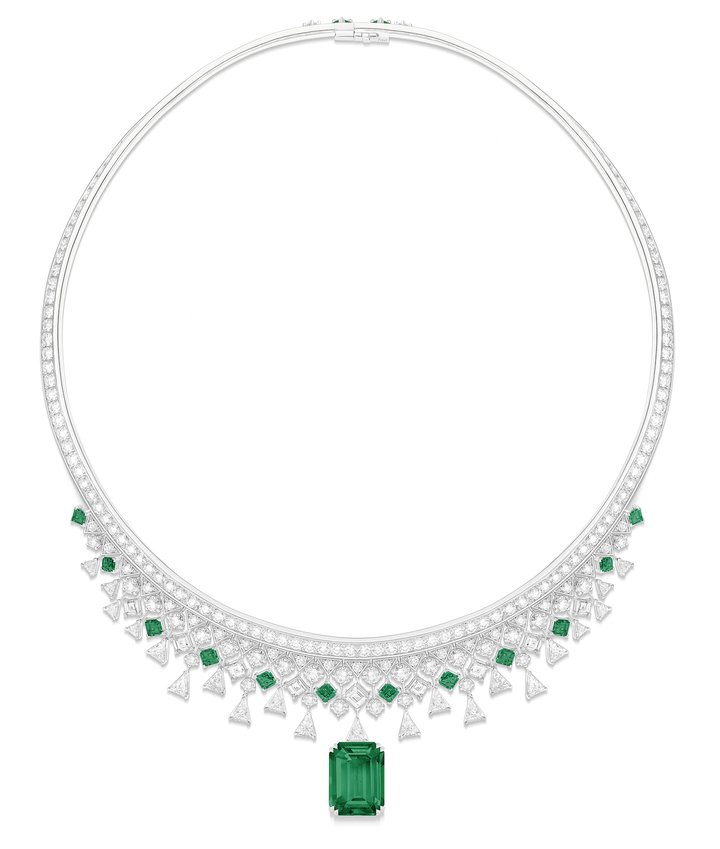 Precious Adornment Necklace. The 9.21-carat, emerald-cut, no oil emerald from Zambia was cut by Piaget from a 16-carat stone with multiple inclusions.