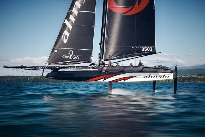 Alinghi's new TF35 catamaran, “flying” on its foils