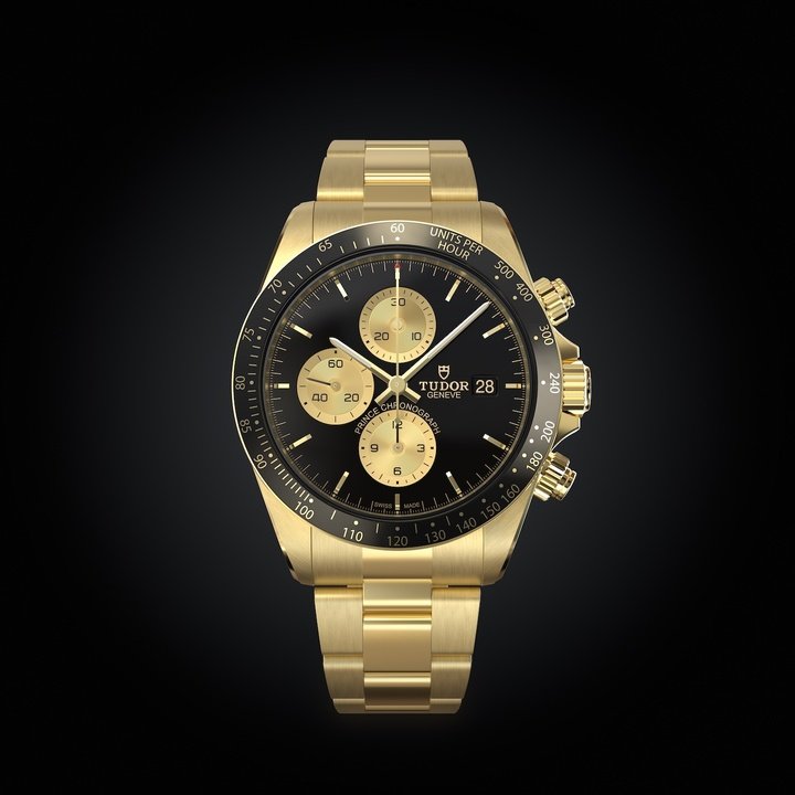 The Tudor Prince Chronograph One, a unique prototype created for Only Watch 2023, introducing the brand's very first in-house chronograph movement.