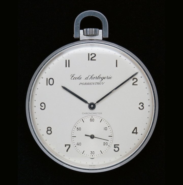 A school piece pocket watch, 1984. La Clinique Horlogère archive