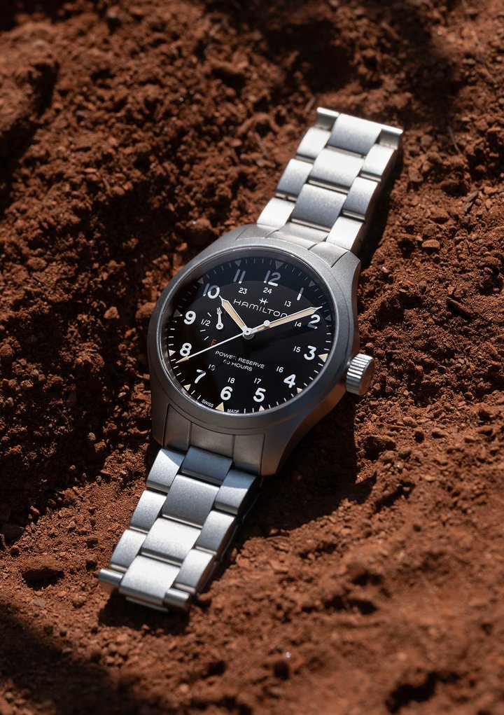 A major evolution for the original field watch: the all-new 40mm Hamilton Khaki Field Power Reserve Mechanical with 80-hour power reserve and dial indicator.