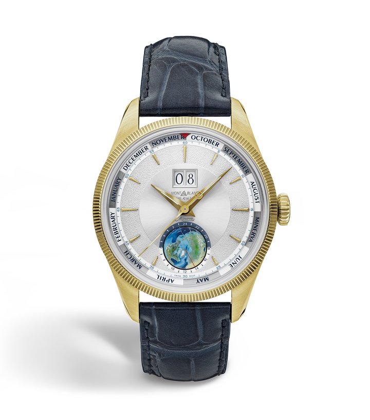 For the annual calendar functions, the large date is positioned at 12 o'clock, just above the historic Montblanc logo, and features two large apertures positioned side-by-side. The date is easily adjustable thanks to a corrector located at 2 o'clock. Montblanc has chosen to display the months around the dial's periphery via a red arrow – a nod to the Roman goddess Minerva – making them easily readable at a glance.