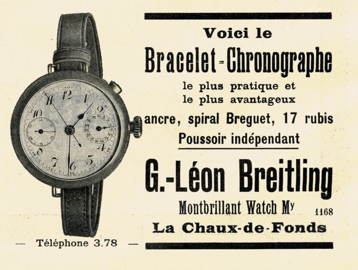 A 1910s advertisement for Breitling's first monopusher chronograph.