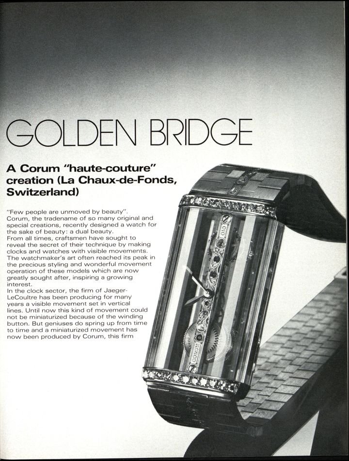 The launch of the Golden Bridge in 1980 in Europa Star. The model is one of the two pillars of Corum's 2026 revival.